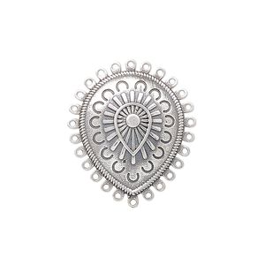 Drop, antiqued sterling silver, pkg/1, 24x21mm single-sided domed teardrop with fancy design.