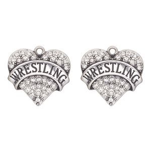 Charm, antique silver-finished "pewter" (zinc-based alloy) and glass, clear, 24x22mm single-sided heart with "wrestling". Sold per pkg of 2.