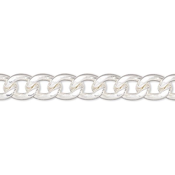Chain, silver-plated steel, 7mm flat curb. Sold per pkg of 5 feet. image number 0