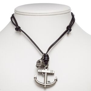 Necklace, leather (dyed) with gunmetal-plated steel and "pewter" (zinc-based alloy), black, 42x40mm anchor with 17x16mm skull, adjustable up to 26 inches with knot closure. Sold individually.