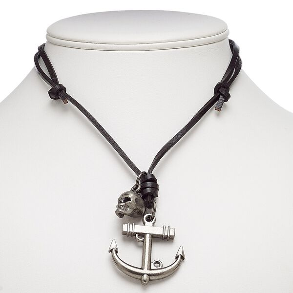 Necklace, leather (dyed) with gunmetal-plated steel and "pewter" (zinc-based alloy), black, 42x40mm anchor with 17x16mm skull, adjustable up to 26 inches with knot closure. Sold individually. image number 0