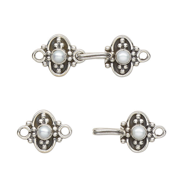 Clasp, hook, cultured freshwater pearl (bleached) and antiqued sterling silver, 25x10mm. Sold individually. image number 0