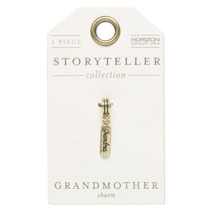 Drop, enamel / glass / antique gold-finished "pewter" (zinc-based alloy) / steel, clear and white, 15x5mm single-sided rounded rectangle with "Grandma." Sold individually.