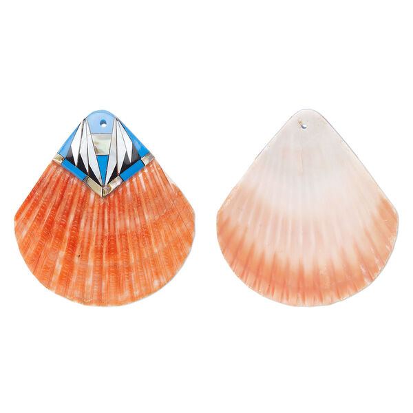 Focal, sea scallop shell / multi-shell / resin (dyed/assembled), red / medium blue / multicolored, 53x50mm, Mohs hardness 3-1/2. Sold individually. image number 0