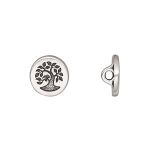 Button, TierraCast®, antique silver-plated pewter (tin-based alloy), 12mm flat round with bird in tree and loop. Sold per pkg of 2.