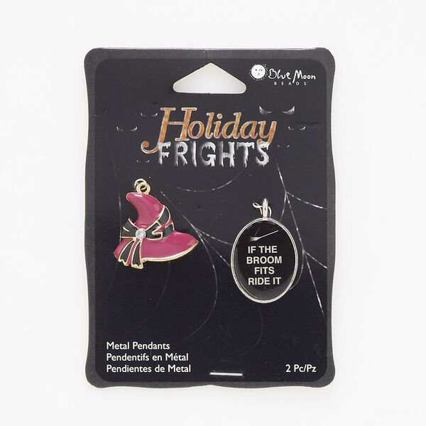 Charm and drop mix, glass rhinestone / gold- / silver-finished "pewter" (zinc-based alloy), multicolored, 24x19mm single-sided oval with "IF THE BROOM FITS RIDE IT" and 24x22mm witch hat. Sold per pkg of 2. image number 0