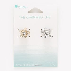 Slide mix, rose gold- / silver-finished "pewter" (zinc-based alloy) / glass, clear, 13mm flower with 14.5x3mm hole. Sold per pkg of 2.