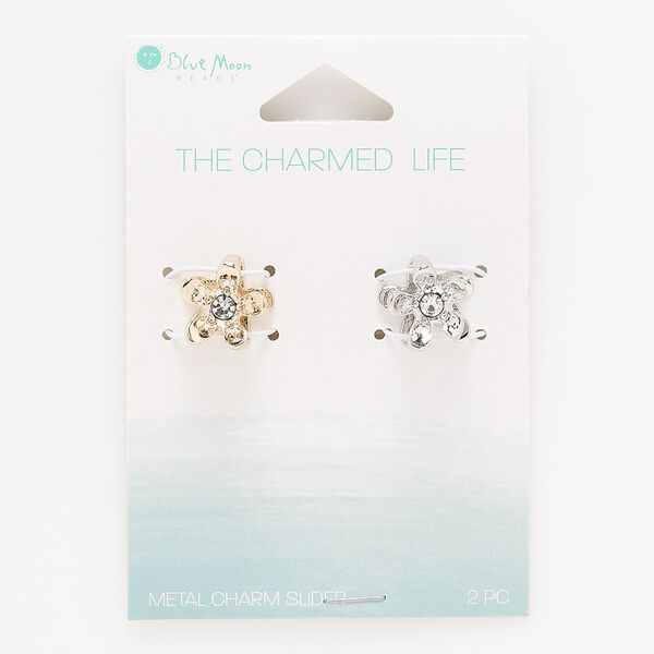 Slide mix, rose gold- / silver-finished "pewter" (zinc-based alloy) / glass, clear, 13mm flower with 14.5x3mm hole. Sold per pkg of 2. image number 0