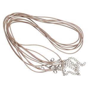 Necklace cord, leather and imitation rhodium-plated brass and steel, taupe, 1.3mm round, 24 inches with 2-inch extender chain and lobster claw clasp. Sold per pkg of 6.