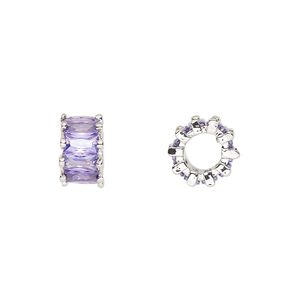 Bead, cubic zirconia and silver-plated brass, amethyst, 10.5x6mm rondelle. Sold per pkg of 2.
