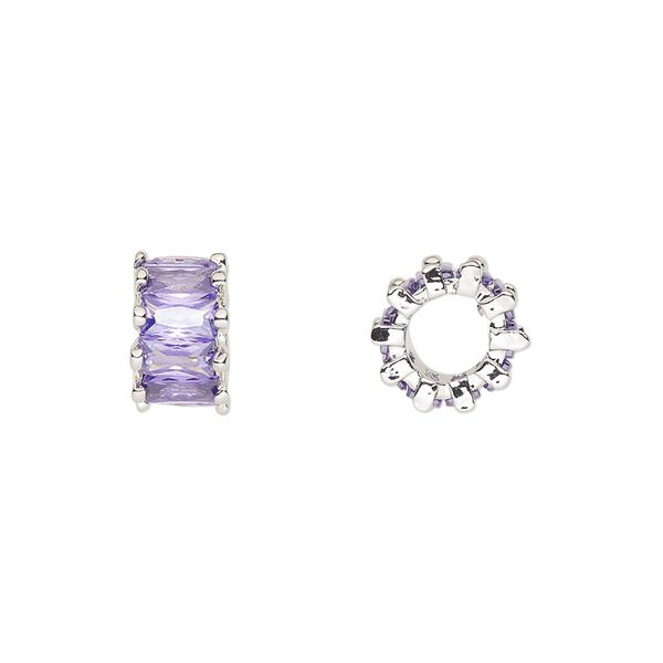 Bead, cubic zirconia and silver-plated brass, amethyst, 10.5x6mm rondelle. Sold per pkg of 2. image number 0