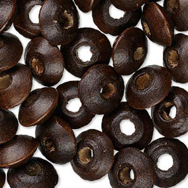 Bead, wood (dyed / waxed), dark brown, 9x4mm-11x6mm hand-cut rondelle. Sold per pkg of 500. image number 0