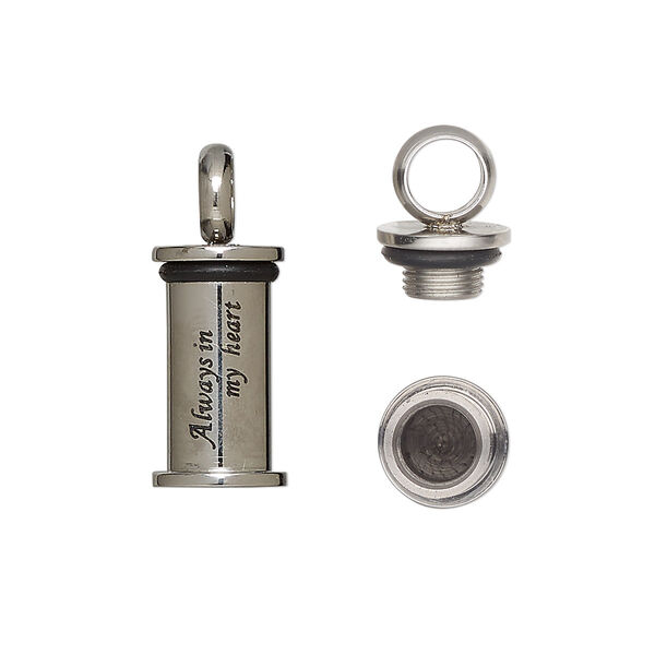 Pendant, stainless steel and silicone, black, 22x9mm cylinder with watertight chamber and "Always in my heart." Sold individually. image number 0