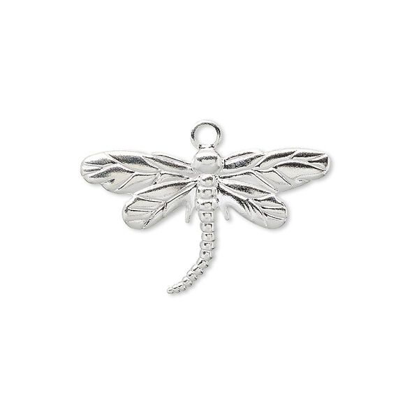 Charm, silver-plated brass, 26x15mm single-sided dragonfly. Sold per pkg of 10. image number 0