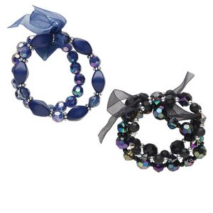 Bracelet, stretch, acrylic / organza ribbon / silver-coated plastic, blue and black, faceted round and multi-shape, 6-1/2 and 7 inches. Sold per pkg of 5.