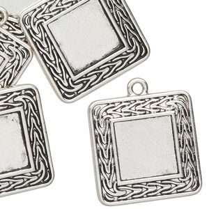 Drop, antique silver finish "pewter" (zinc-based alloy), 23mm braided square with 12mm square setting. Sold per pkg of 6.