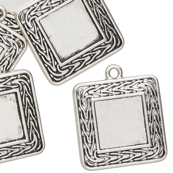 Drop, antique silver finish "pewter" (zinc-based alloy), 23mm braided square with 12mm square setting. Sold per pkg of 6. image number 0