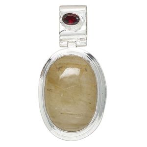Pendant, golden rutilated quartz (natural) / garnet (natural) / sterling silver, 56x28mm oval. Sold individually.