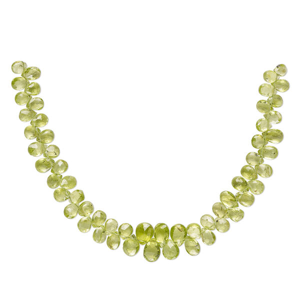 Bead, peridot (natural), 5x4mm-9x6mm hand-cut graduated faceted puffed teardrop, B grade, Mohs hardness 6-1/2 to 7. Sold per 8-inch strand, approximately 55 beads. image number 0