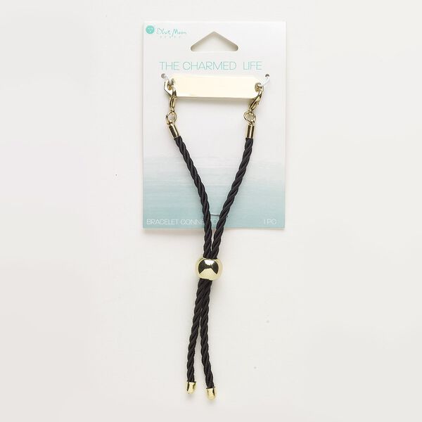 Bracelet, satin / gold-finished "pewter" (zinc-based alloy) / gold-finished steel, black, 41x10mm rectangle, adjustable from 7-1/2 to 10 inches with bead closure. Sold individually. image number 0