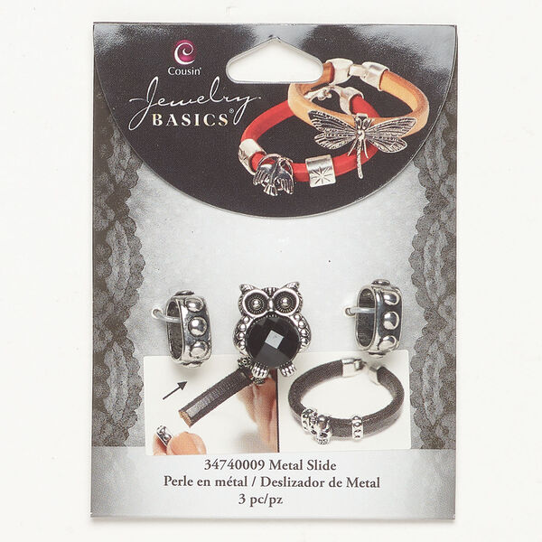 Slider bead assortment 1pkg3, antique silver-finished brass and acrylic, black, 18x15mm owl / 15x6mm oval. image number 0