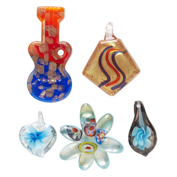 Random focal mix, lampworked glass, opaque and translucent mixed colors with silver-colored foil and copper-colored glitter, 20x19mm-48x33mm mixed shapes. Sold per pkg of 5. image number 0