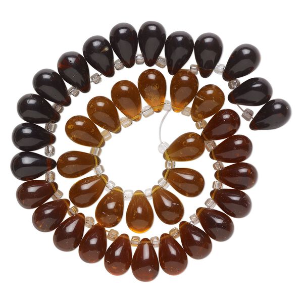 Bead, glass, transparent amber, brown and dark brown, 16x10mm top-drilled teardrop with irregular rondelles. Sold per 14-inch strand. image number 0