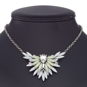 Necklace, glass rhinestone / acrylic / silver-coated plastic / silver-plated steel / "pewter" (zinc-based alloy), white / green / clear, 2-3/4 x 2-inch flower, 16 inches with 2-1/2 inch extender chain and lobster claw clasp. Sold individually.
