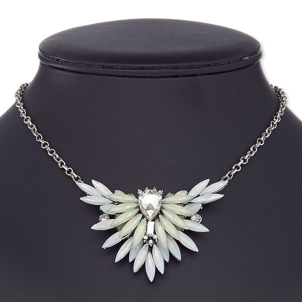 Necklace, glass rhinestone / acrylic / silver-coated plastic / silver-plated steel / "pewter" (zinc-based alloy), white / green / clear, 2-3/4 x 2-inch flower, 16 inches with 2-1/2 inch extender chain and lobster claw clasp. Sold individually. image number 0