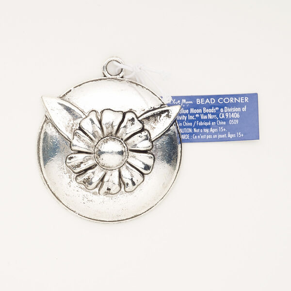 Focal, antiqued silver-finished "pewter" (zinc-based alloy), 50mm single-sided domed round with flower and leaf design. Sold individually. image number 0