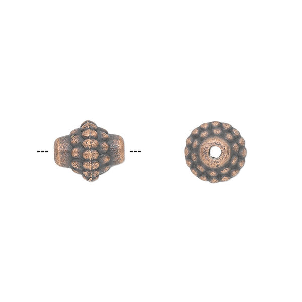 Bead, antique copper-plated "pewter" (zinc-based alloy), 10x9mm fancy tube. Sold per pkg of 20. image number 0