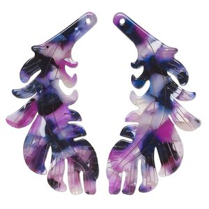 Focal, resin, purple / dark purple / white, 46x25mm single-sided left and right-facing carved feather. Sold per pair.