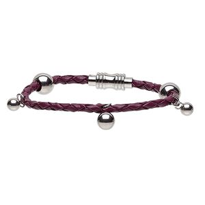 Bracelet, leather (dyed) and stainless steel, dark purple, 10mm wide with 4mm bolo cord, 6-1/2 inches with magnetic clasp. Sold individually.