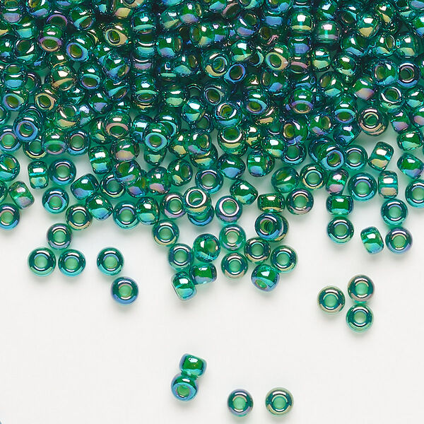 Seed bead, Miyuki, glass, pkg/50g, #8 rocaille, translucent chartreuse-lined rainbow green (RR-354). image number 0