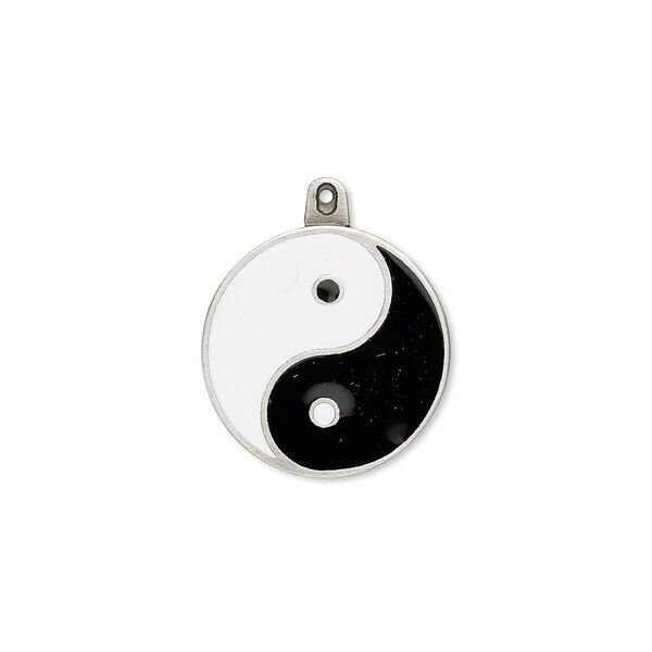 Charm, "pewter" (zinc-based alloy) and enamel, black and white, 20mm yin-yang round. Sold individually. image number 0