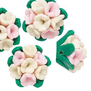 Bead, polymer clay, pink / ivory / green, 21x20x12mm flower. Sold per pkg of 4.