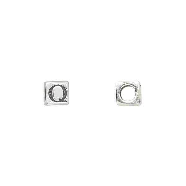 Bead, sterling silver, 5.5mm cube with alphabet letter "Q." Sold individually. image number 0