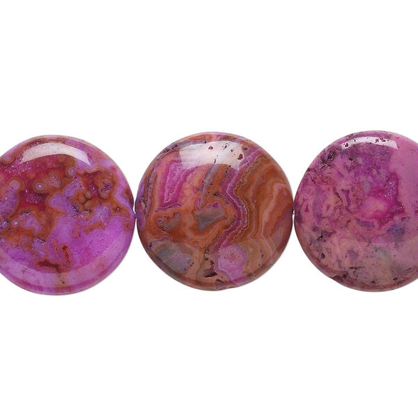Bead, crazy lace agate (dyed), fuchsia, 18mm puffed flat round, B grade, Mohs hardness 6-1/2 to 7. Sold per 8-inch strand, approximately 10 beads. image number 0