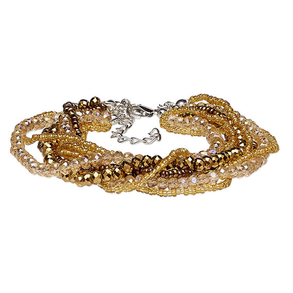 Bracelet, 9-strand, glass and silver-plated steel, multicolored, 19mm wide, 7 inches with 2-inch extender chain and lobster claw clasp. Sold individually. image number 0