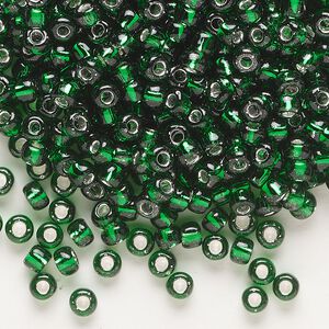 Seed bead, Dyna-Mites™, glass, transparent silver-lined emerald green, #6 round. Sold per 1/2 kilogram pkg.