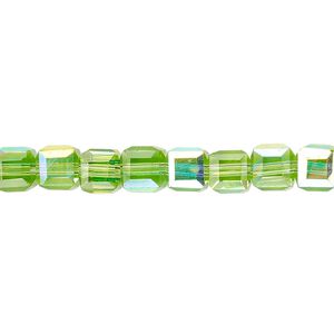 Bead 1pk 18 facets translucent green AB, Celestial Crystal® 6mm cube 15.5-16 inch