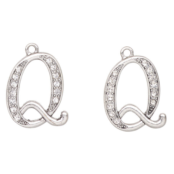 Charm, antique silver-finished "pewter" (zinc-based alloy) and glass, clear, 23x19mm letter "Q". Sold per pkg of 2. image number 0