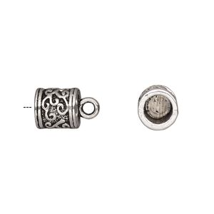 Cord end, glue-in, antique silver-finished "pewter" (zinc-based alloy), 9x8mm fancy barrel, 5.5mm inside diameter. Sold per pkg of 4.