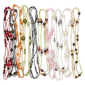 Necklace mix, glass / acrylic / wood, multicollored, round and seed bead, 56-inch continuous loop. Sold per pkg of 10.