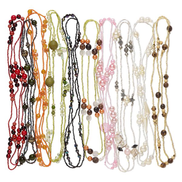 Necklace mix, glass / acrylic / wood, multicollored, round and seed bead, 56-inch continuous loop. Sold per pkg of 10. image number 0