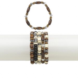 Bracelet mix, stretch, wood (natural / dyed) and silver-coated acrylic, black / brown / natural, 9mm wide with mixed shape, 6 inches. Sold per pkg of 5.
