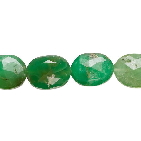 Bead, chrysoprase (natural), 12x10mm-16x11mm hand-cut faceted puffed oval with 0.4-1.4mm hole, C grade, Mohs hardness 6-1/2 to 7. Sold per 13-inch strand. image number 0