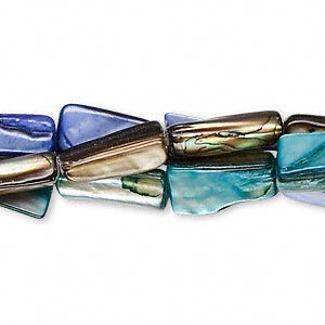 Bead, mother-of-pearl shell (dyed), blue / turquoise blue / brown, 15x6mm-15x9mm rectangular tube, Mohs hardness 3-1/2. Sold per pkg of (3) 14-15 inch strands.