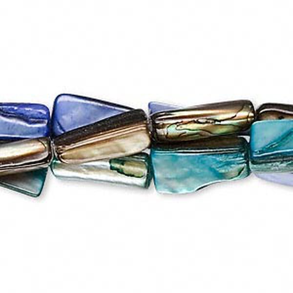 Bead, mother-of-pearl shell (dyed), blue / turquoise blue / brown, 15x6mm-15x9mm rectangular tube, Mohs hardness 3-1/2. Sold per pkg of (3) 14-15 inch strands. image number 0