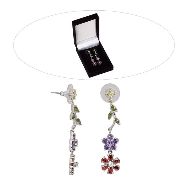 Earring, cubic zirconia / stainless steel / rhodium-finished brass, multicolored, 2 inches with flowers and leaves design with post. Sold per pair. image number 0